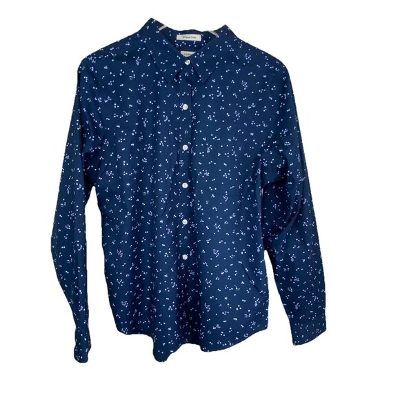 L.L. Bean Womens L Navy Blue Print Long Sleeve Button Up Blouse Wrinkle Free - Picture 1 of 6